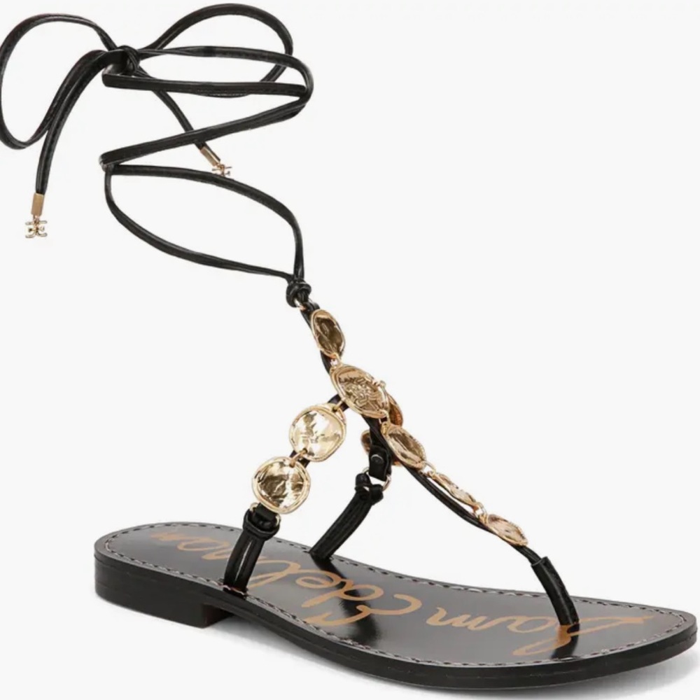 Sam Edelman Deirdre Strappy Ankle Wrap Sandals 8.5 NWT Black Gold Ankle Tie - Picture 4 of 13